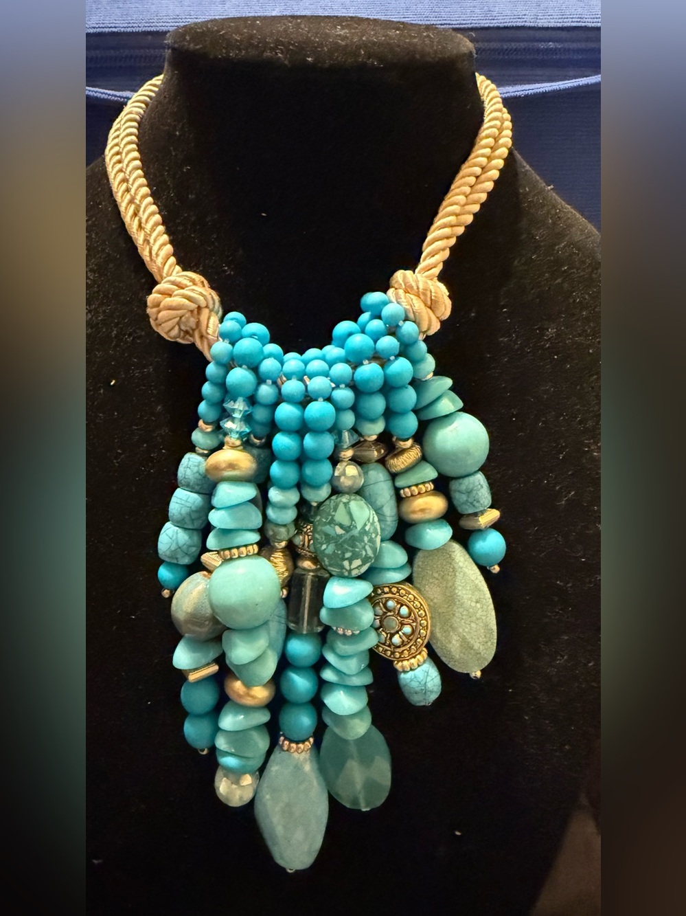 Chico’s Turquoise Multi Strand Beaded Statement Bib Tassel Necklace